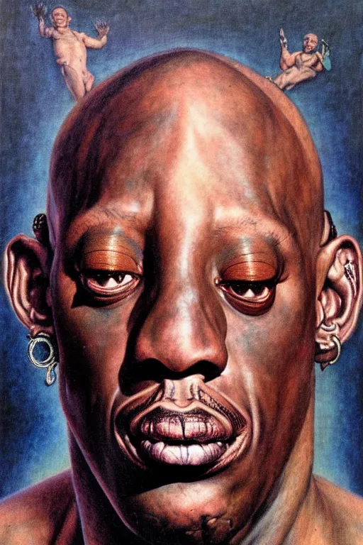 Image similar to portrait of dennis rodman in the style of wayne barlowe, gustav moreau, goward, bussiere, roberto ferri, santiago caruso, luis ricardo falero, austin osman spare