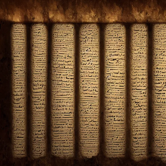 Image similar to ultra - realistic horrifying photo of a partially damaged dead sea scroll with nabeatean aramaic in sideways columns, by dave dorman, paul carrick, dark, brooding, volume lighting, atmospheric lighting, painted, intricate, ultra detailed, well composed, best on artstation, cgsociety, epic, stunning, gorgeous, intricate detail, wow, masterpiece