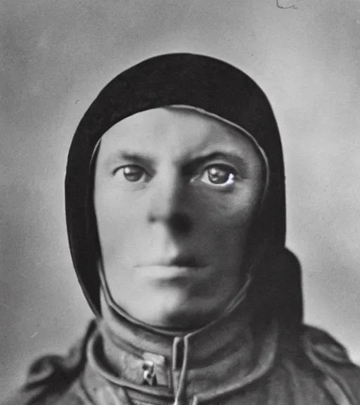 Prompt: full body portrait of a man at distance wearing hooded mask covering his entire face, ww1 film photo, grainy, high detail, high resolution