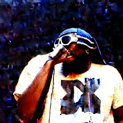 Image similar to mf doom rapping on stage in front of a large crowd, cinematic shot, detailed photography