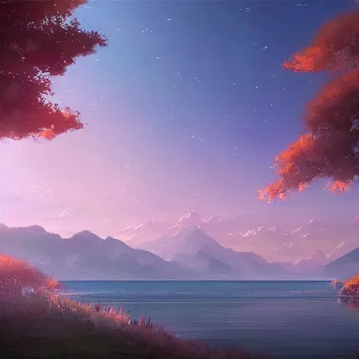Prompt: a painting of a beautiful landscape with a lake, a detailed matte painting by Makoto Shinkai, featured on deviantart, fantasy art, anime aesthetic, I can't believe how beautiful this is, matte painting
