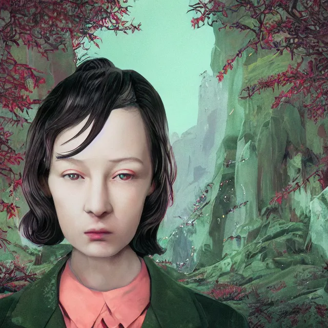 Image similar to portrait of alone androgynous girl wearing bakelite leather jacket, bakelite rocky mountains, moss green japanese haunted forest background, ultrafine hyperdetailed illustration by hsiao - ron cheng and artgerm, modular synthesizer 8 0 s sony stereo helmet backpack, the grand budapest hotel, glow, no crop, digital art, artstation, pop art