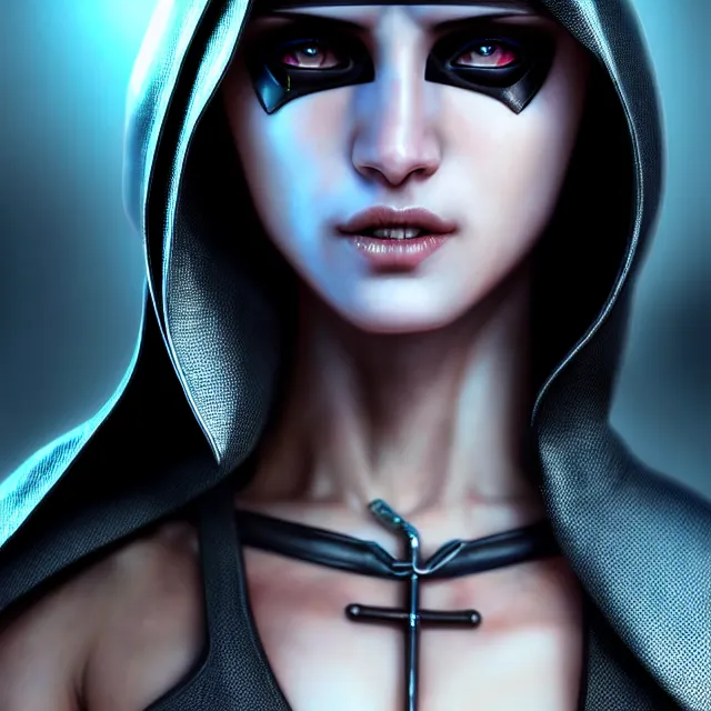 Image similar to cyberpunk nun warrior, highly detailed, 4 k, hdr, smooth, sharp focus, high resolution, award - winning photo, artgerm, photorealistic