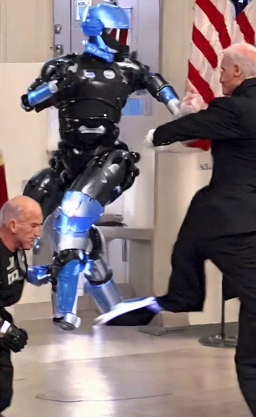 Image similar to robocop punching joe biden in the face, slow motion still