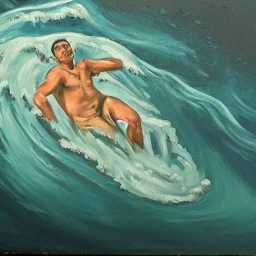 Image similar to a painting of a man drowning in an ocean full of waves