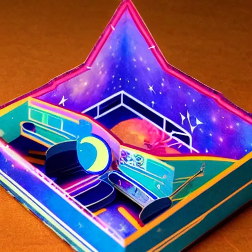 Prompt: Liminal space in outer space (((Googie Kitsch aesthetic colorful isometric with neon lights))) Pop-up book!!!!