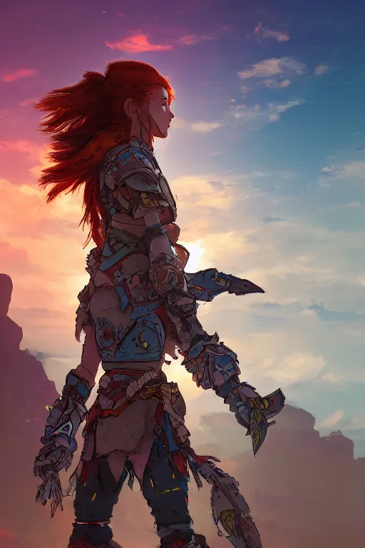 Image similar to combination suit armor aloy horizon forbidden west horizon zero dawn radiating a glowing aura global illumination ray tracing hdr fanart arstation by ian pesty and alena aenami artworks in 4 k tribal robot ninja mask helmet backpack