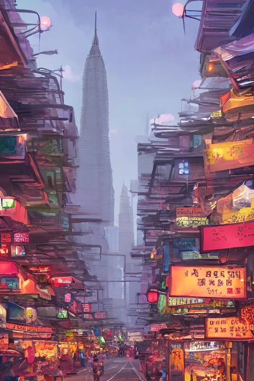 Image similar to hawker street with kuala lumpur twin towers in the background, evening, highly detailed matte painting, studio ghibli, artstation