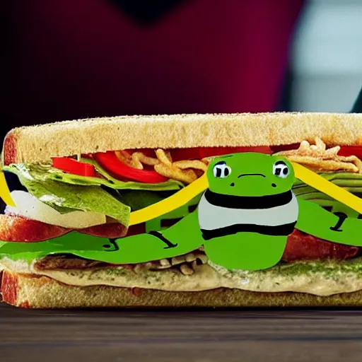 Image similar to promotional shot of the new frog sandwich from subway,