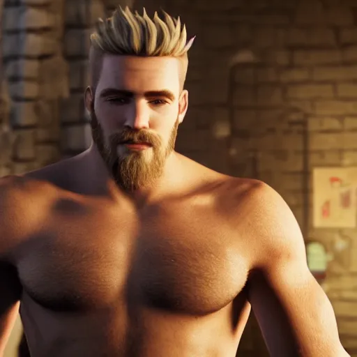 Image similar to attractive strong built irish english man with a chin beard and spiky blonde hair smiling at the camera, unreal engine, character design