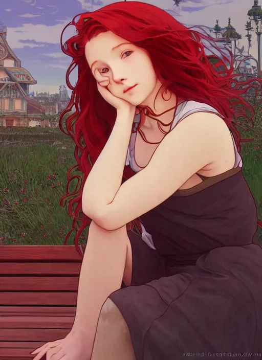 Prompt: pretty young woman with long red hair sitting on a park bench at the dead of night, path traced, highly detailed, high quality, digital painting, by studio ghibli and alphonse mucha, leesha hannigan, makoto shinkai, disney