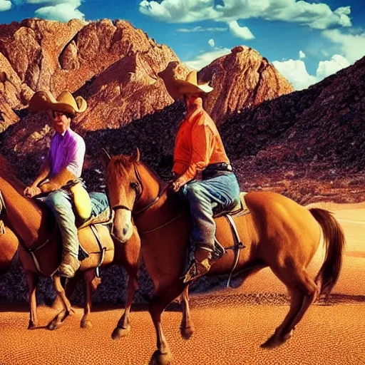 Image similar to “ fred flintstone and barney rubble riding horses, cowboys in the desert, hyper realistic, award winning, cinematic. ”