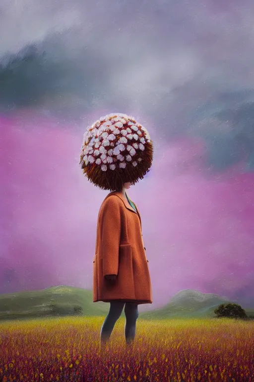 Image similar to portrait, enormous daisy flower head, a girl wearing coat in heather field, surreal photography, wind and cold, dramatic sky, impressionist painting, digital painting, artstation, simon stalenhag