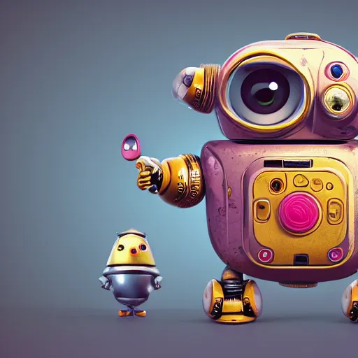 Image similar to two small chubby bots, hyperdetailed colourful, smooth panelling, intricate detail, holding a battery, single eye, style of cute, intricate rusty arms, antenna, floating, white studio, mechanical, cute toy, gameboy advanced, ambient light, in the style of pixar animation poster, pokedstudios,, blender, octane render, 8 k,