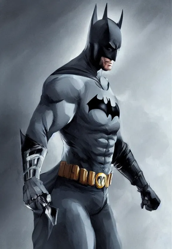 Image similar to a cute calm handsome young adult male muscular slim blu skin batman with grey light tight clothes concept art in the style of lee bermejo and greg rutkowski