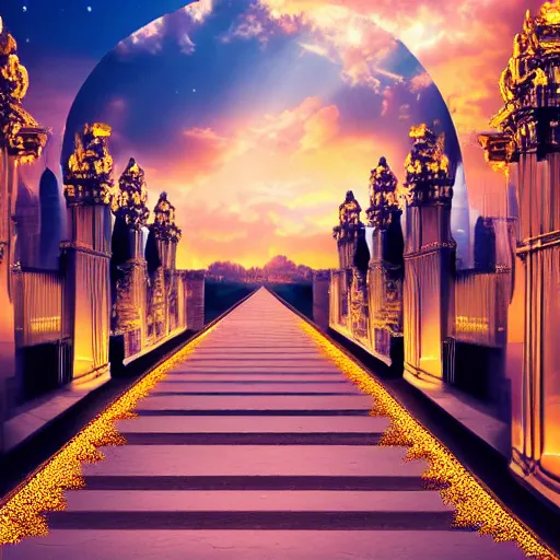 Image similar to l a long path to the gates of heaven with glowing clouds, illuminated background with streets made of gold & architecture made of crystal, photrealism, 4 k.