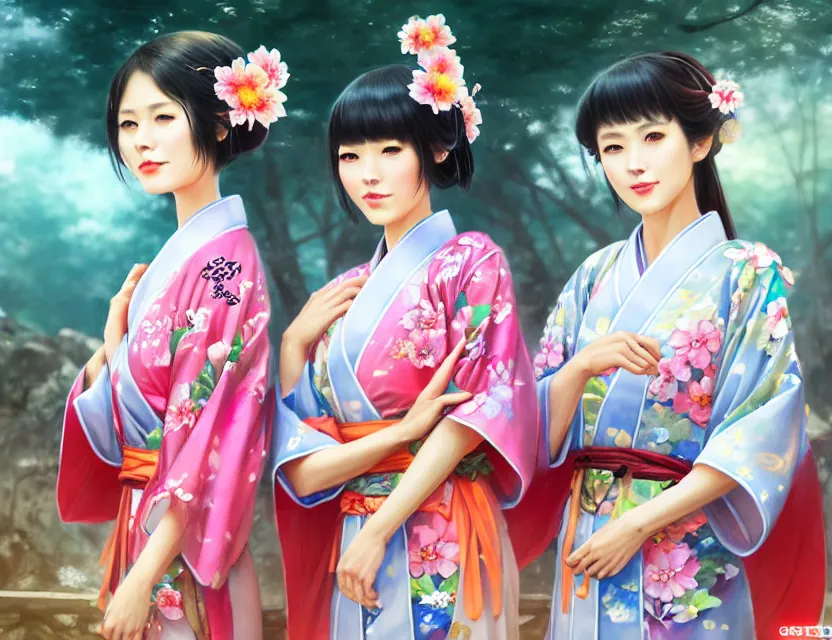 Image similar to two beautiful fashion taiwan girls wear fantasy yukata in festival | | big eyes, sunny, dreamlike art, realistic shaded, smile, good looking, fine details, 4 k realistic, cryengine, realistic shaded lighting poster by greg rutkowski, magali villeneuve, artgerm, jeremy lipkin and michael garmash and rob rey