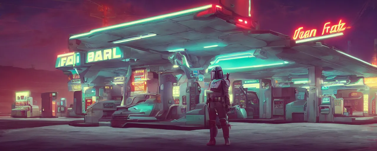 Prompt: boba fett visits a gas station in the night time, vaporwave aesthetic, neon signs, superliminal 8 k uhd, unreal engine, octane render in the artstyle of finnian macmanus, john park and greg rutkowski