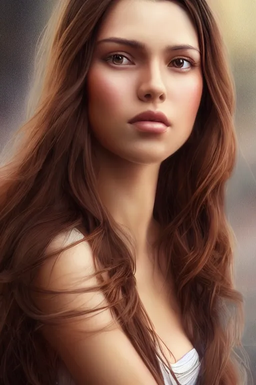 Image similar to a gorgeous female with long brown hair in the style of stefan kostic, realistic, full body, sharp focus, 8 k high definition, insanely detailed, intricate, elegant, art by stanley lau and artgerm