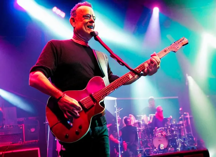 Image similar to publicity photo still of tom hanks on tour with limp bizkit playing live on stage, 8 k, live concert lighting, mid shot