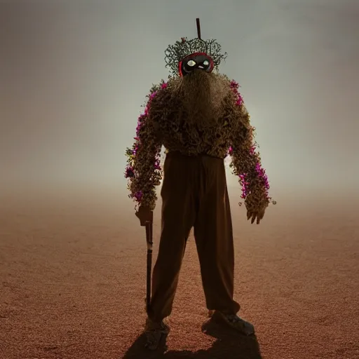 Prompt: full body shot of floating old asian man with long beard, his head covered in flowers, full face occult silver mask, glowing eyes, wearing a large carved wooden fractal stick, smoke around him, in the burning soil desert, cinematic shot, wide angle, desert background, volumetric lighting by Denis Villeneuve, Lubezki, Gaspar Noe Christopher Doyle and Alejandro Jodorowsky, anamorphic lens, anamorphic lens flares, kodakchrome, cinematic composition, practical effects, award winning photo, 8k