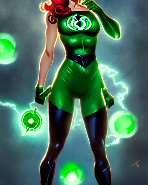 Image similar to pinup photo of female green lantern from justice league in the crowded square of the city, asuna by a - 1 pictures, by by greg rutkowski, artgerm, gil elvgren, enoch bolles, glossy skin, pearlescent, anime, very coherent, sao style anime, flat