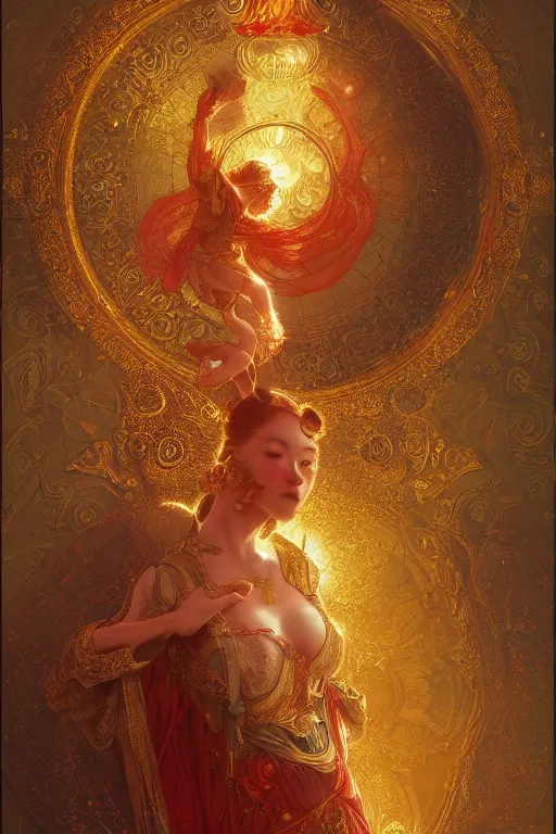 Image similar to tarot card artstation, portrait of an asian love dancer, sunrise, baroque ornamnet and rococo ornament, ancient chinese ornate, hyperdetailed, beautiful lighting, craig mullins, mucha, klimt, yoshitaka amano, red and gold and orange color palatte