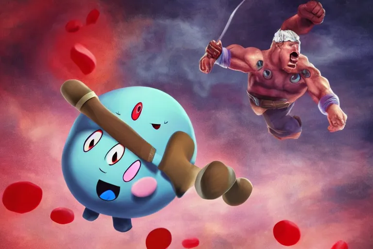 Prompt: a photo of an injured man fighting a giant kirby, photorealistic, bloody, 8 k