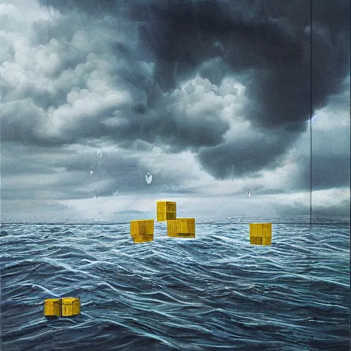 Prompt: tetris blocks floating around in a stormy ocean, rain, dark clouds, storm, dramatic, very detailed, intricate, complex, oil panting, masterpiece