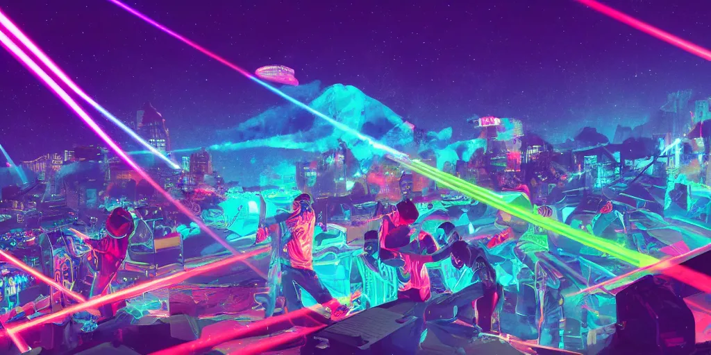 Image similar to laser light show while rappers battle on stage, digital art, vapor wave, hip hop, trending on Artstation, professional artist, detailed, 4k