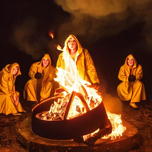 Image similar to a gathering of yellow raincoat wearing cat magicians summon a fire goddess from the depths of a raging fire pit, flames are emerging from fissures in the ground.