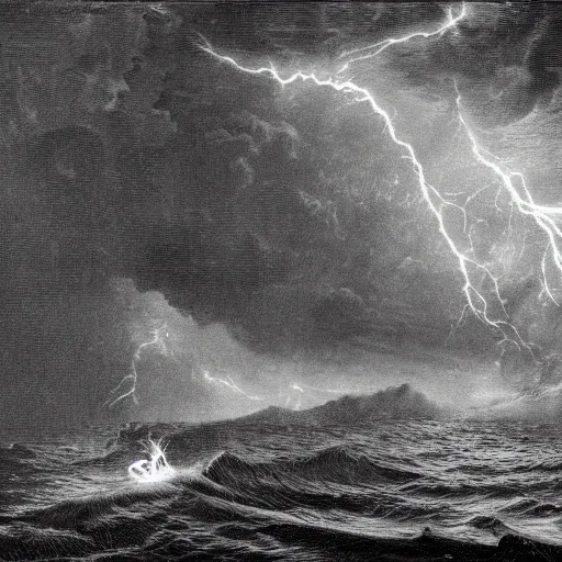 Prompt: drawing of pepe the frogs sailing through a lightning storm above a stormy ocean, by gustave dore, nineteenth century, black and white, vintage, science fiction, epic composition, dramatic lighting, highly detailed, cinematic horror, sci fi