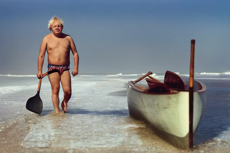 Image similar to closeup portrait of boris johnson at the beach moving britain with an oar, natural light, sharp, detailed face, magazine, press, photo, steve mccurry, david lazar, canon, nikon, focus