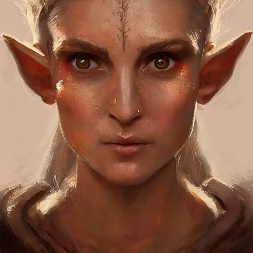 Image similar to A head-on, symmetrical, head and shoulders detailed oil portrait of an elf woman with small horns of copper wearing a simple white robe, by greg rutkowski, trending on artstation, dungeon and dragons art