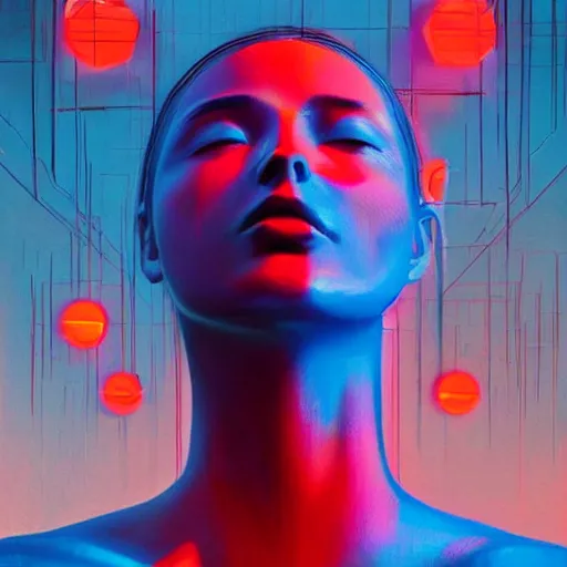 Image similar to 3 d, sci - fi, morning, sleepy fashion model face, sun, neon, cinematic, lightning clouds, vogue cover style, poster art, light red and deep blue mood, realistic painting, intricate oil painting, high detail, figurative art, multiple exposure, poster art, 3 d, by tooth wu and wlop and beeple and greg rutkowski