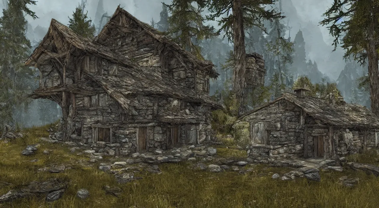 Image similar to concept art of an old rustic house in a forest in skyrim