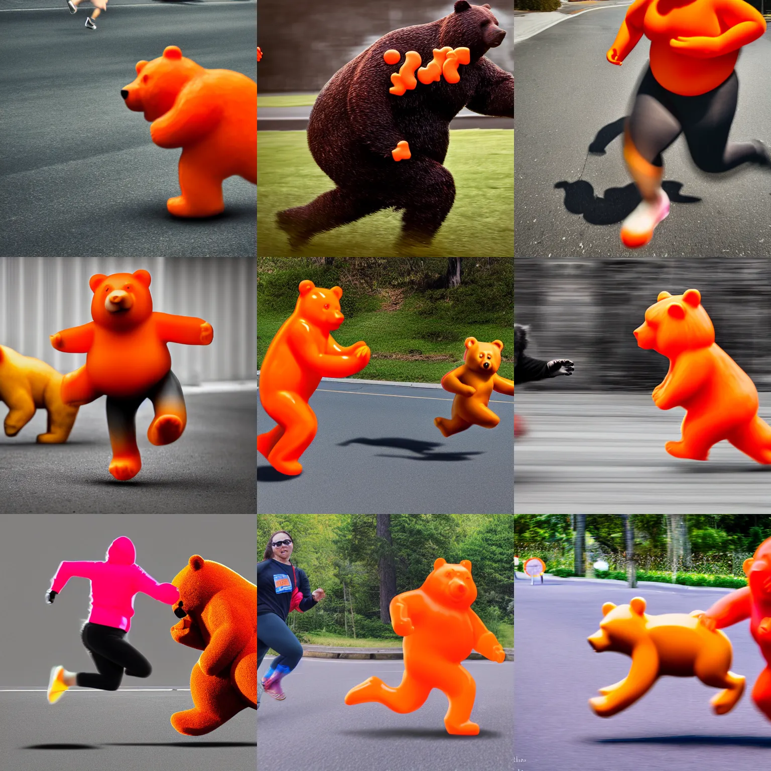 Prompt: a photograph by a canon 5 d, 5 0 mm lens, of a life size gummy bear, orange, running. the gummy bear is being chased by a woman, overweight, she is reaching towards the bear. canon 5 d 5 0 mm lens, action photography, realistic, award winning,