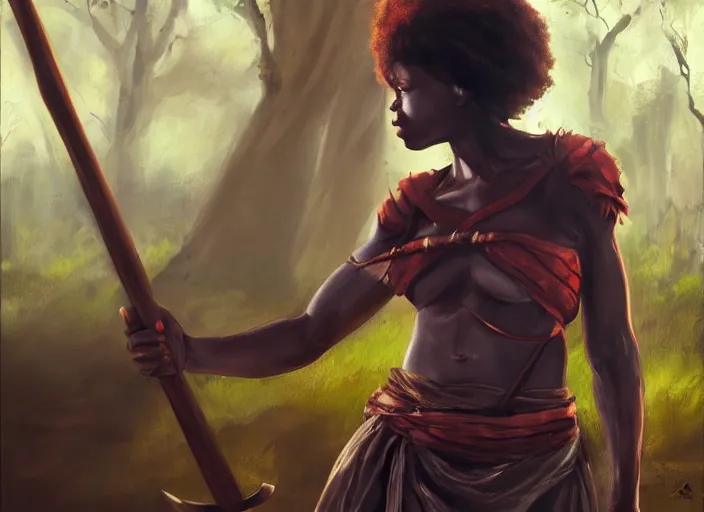 Prompt: landscape, portrait painting beautiful realism, an african girl red hair in wood armor, holding spear, who was sprawled out was about to rise, his face covered in blood. cinematic scene, good lighting, fine art, trending on artstation, smooth draw, sharp focus.