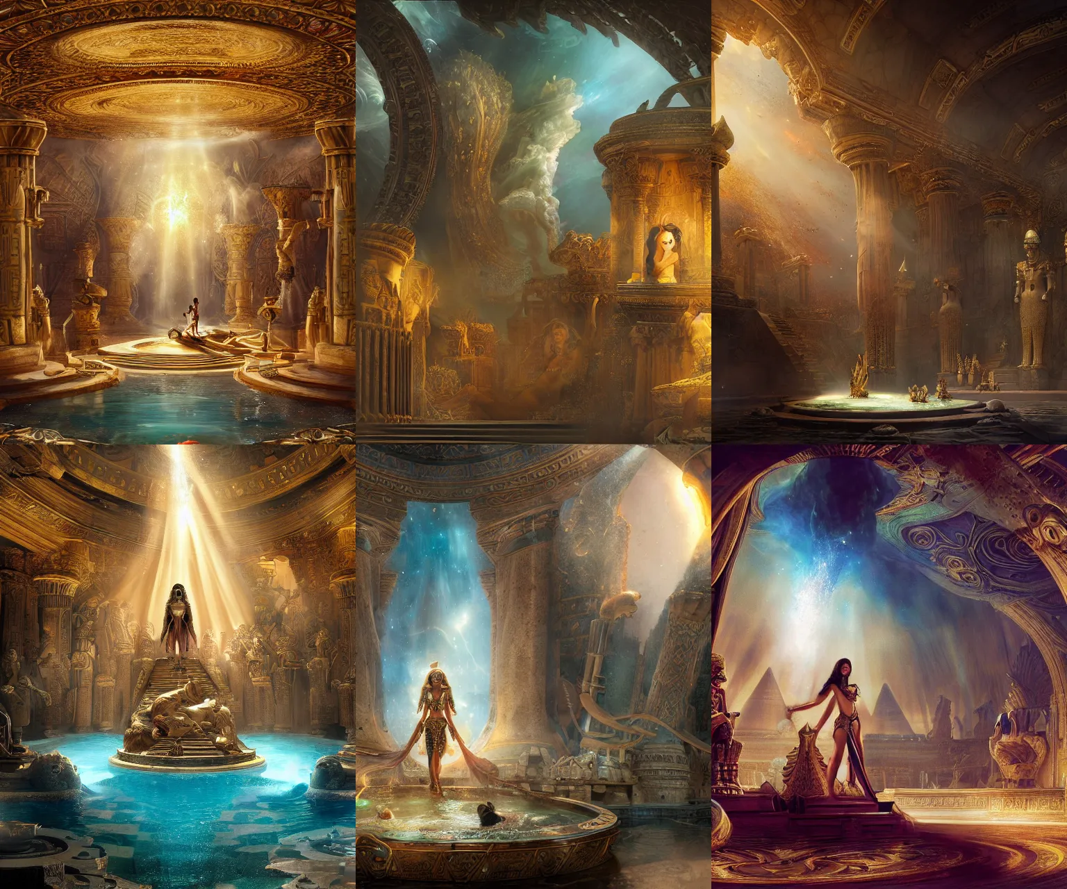 Prompt: fantasy movie scene raymond swanland and canaletto and mucha detailed digital art of ornate and royal egyptian antechamber tomb, cleopatra in a circular pool with an erupting galaxy, epic atmosphere, sharp sunray lighting, cinematic lighting, fine details, 4 k, unreal engine, hyperrealism, cinematic composition, blender render, realistic, detailed textures, very wide shot