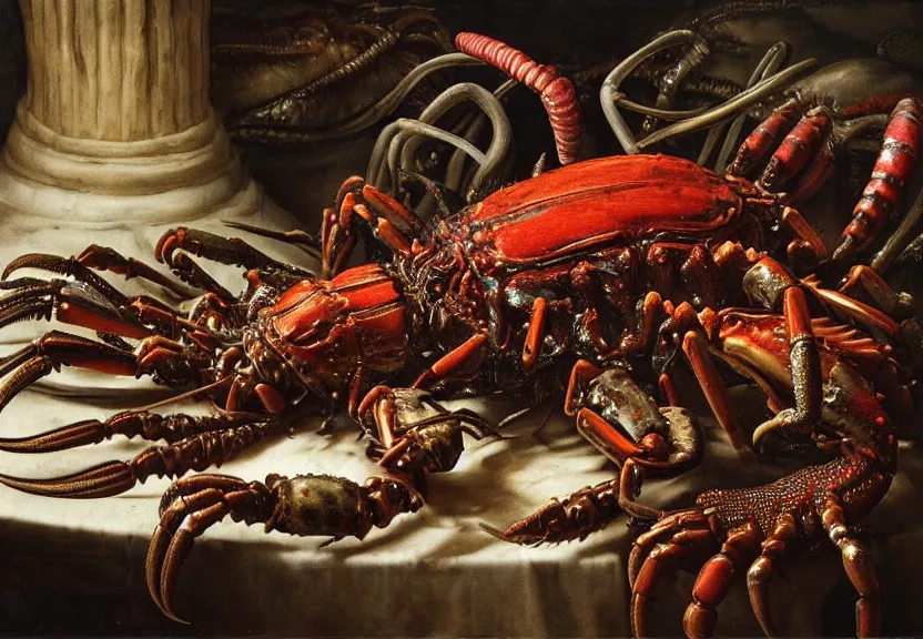 Prompt: an opulent banquet of food covered with colorful horned crabs and horned lobsters and iridescent scarabs. giger ’ s xenomorph. the thing. reclaimed lumber, detailed and intricate environment, hyperrealism, food photography, rembrandt
