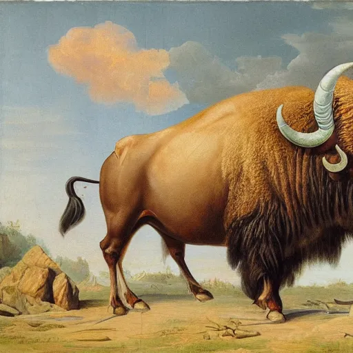 Image similar to A Buffalo with a unicorn horn emerging from its head, painting
