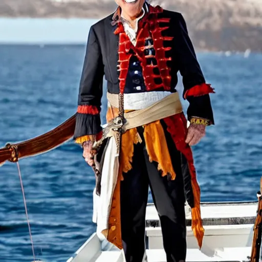 Image similar to Joe Biden dressed up as a scurvy and mean spirited pirate with raggy pirate captain clothes.