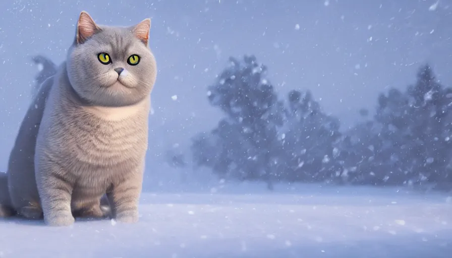 Image similar to british shorthair cat in the snow covered by snow, sunlight, volumetric light, hyperdetailed, artstation, cgsociety, 8 k