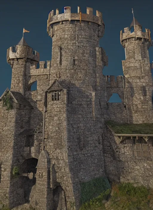 Prompt: a stylized medieval castle with towers, gate, and rockwalls. highly detailed, unreal engine. daylight. trending on artstation.