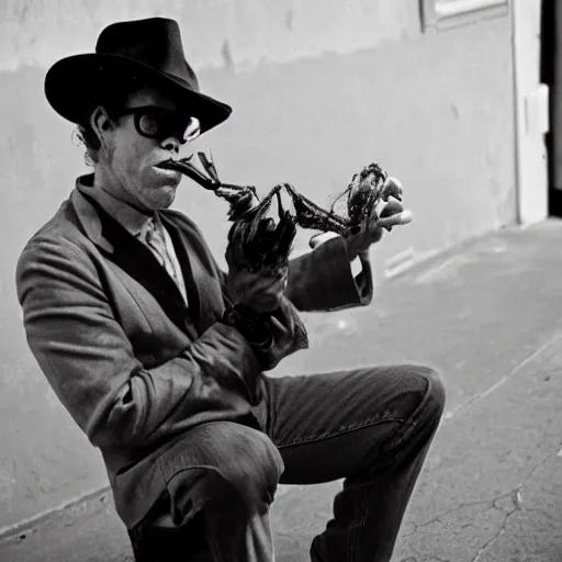 Image similar to tom waits with the body of a spider, smoking a pipe, on the streets of san diego