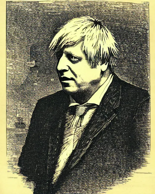 Prompt: illustration of boris johnson from the dictionarre infernal, etching by louis le breton, 1 8 6 9, 1 2 0 0 dpi scan