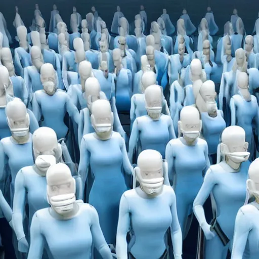 Image similar to troop of cloned women with white bob hairdos, tight light blue neopren suits, futuristic production facility, sci - fi, highly detailed, cinematic