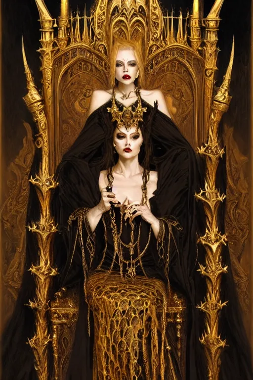 Prompt: perfectly centered portrait of beautiful vampire queen in gold gothic robe sitting on a throne of bones, elegant, ornate, detailed, symmetrical, painting by gaston bussiere, craig mullins, j. c. leyendecker, 8 k, mid shot