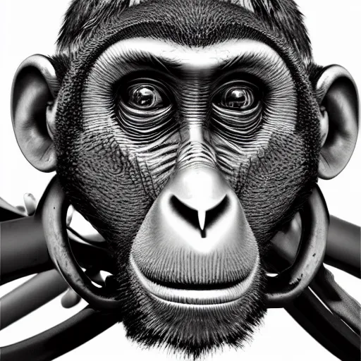 Image similar to portrait of a monkey made of bike parts, black and white, trending on artstation, hd