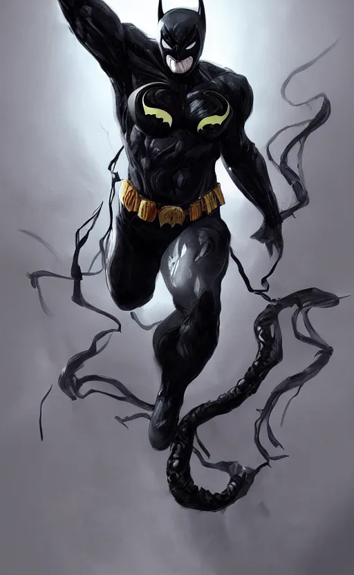 Image similar to venom as batman, dynamic lighting, photorealistic fantasy concept art, trending on art station, stunning visuals, terrifying, creative, cinematic